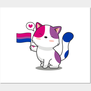 Cute Cat Holding Bisexual Pride Flag Posters and Art